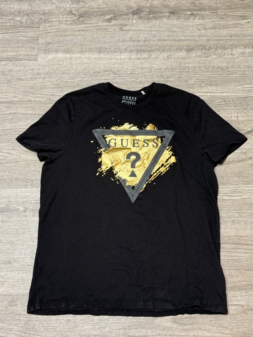 GUESS Black Short-Sleeve Tee with Gold Triangle Logo